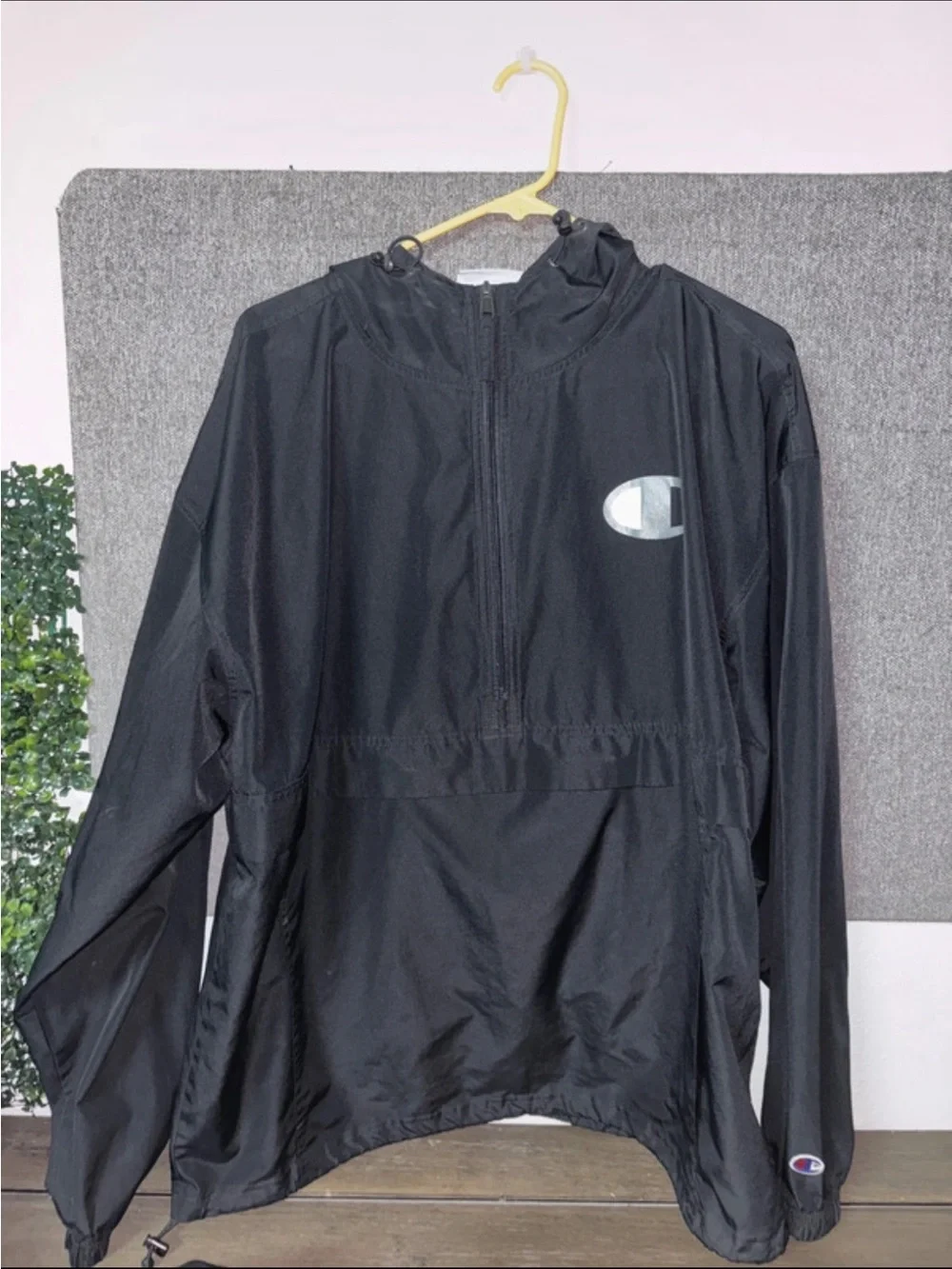 Champion Black Pullover Windbreaker with Reflective Logo